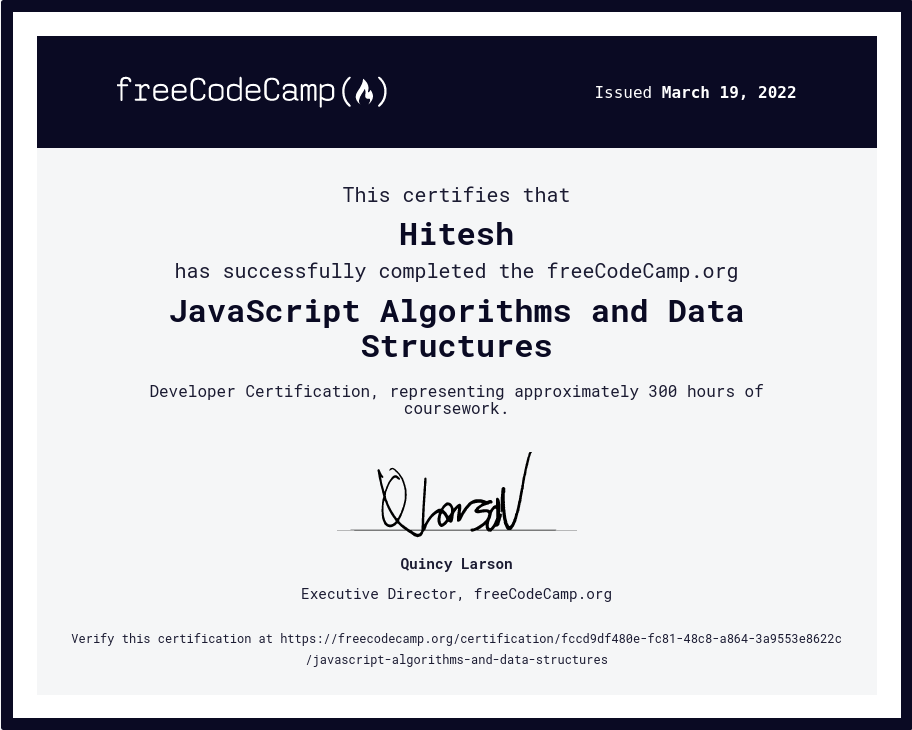 Certificate for freeCodeCamp JS Algorithm & data structure.