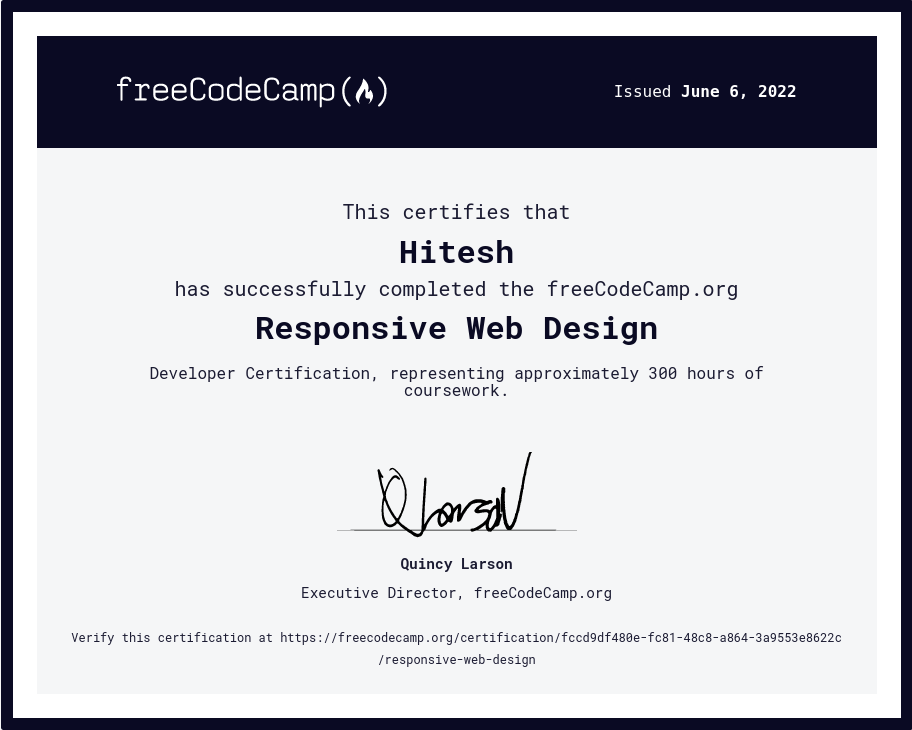 Certificate for freeCodeCamp Responsive Web Design